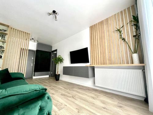 a living room with a green couch and a television at Apartament central 2 camere in Râmnicu Vâlcea