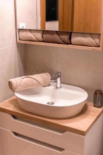 a white sink sitting on a wooden counter in a bathroom at Studio 106 Apartment in Palić
