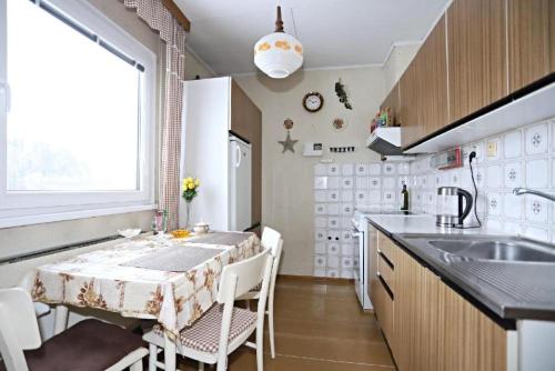 cocina con mesa, sillas y fregadero en Rodinný dům pro hosty Vysočiny, 
