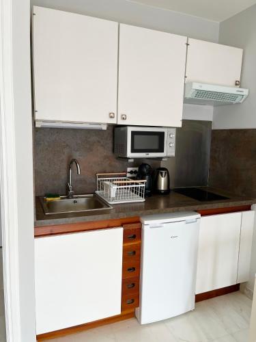 une cuisine avec des armoires blanches, un évier et un micro-ondes dans l'établissement Studio Château de la Mer, à Cannes