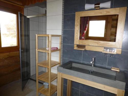 uma casa de banho com um lavatório e uma prateleira de madeira em La fuste ardennaise em Haybes