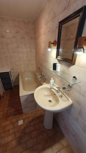 a bathroom with a sink and a bath tub at Hradiste Cottage in Nová Bystřice