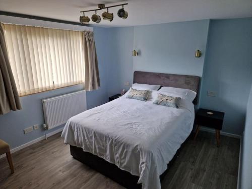 a bedroom with a large bed with blue walls at Unique 2BD Apartment Folkestone Harbour in Kent