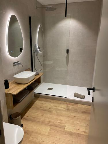 W łazience znajduje się prysznic, umywalka i lustro. w obiekcie Good Mood - chambres et suite w mieście Namur