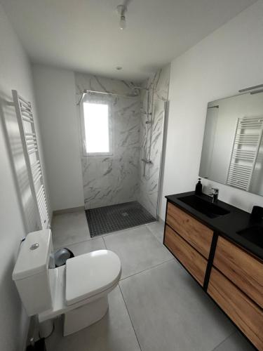 une salle de bain avec toilettes, lavabo et miroir dans l'établissement Maison neuve à 13 min des Sables, à Talmont-Saint-Hilaire