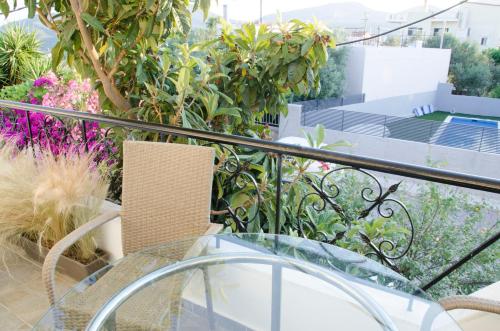 a balcony with a glass table and some plants at Eva's house in Kánithos