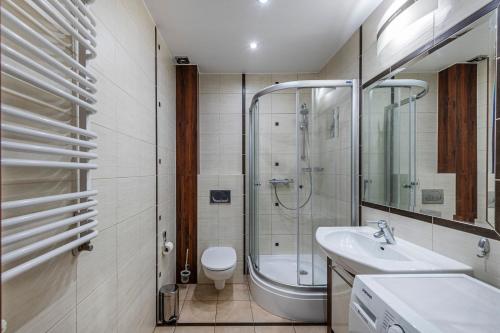 a bathroom with a shower and a toilet and a sink at Lapwing Apartments Monte Cassino in Sopot