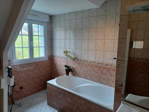 uma grande casa de banho com uma banheira e uma janela em La presle em Malandry