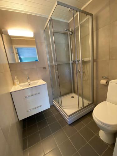 a bathroom with a shower and a toilet and a sink at Saltstraumen Hotels Hytter in Knapplund
