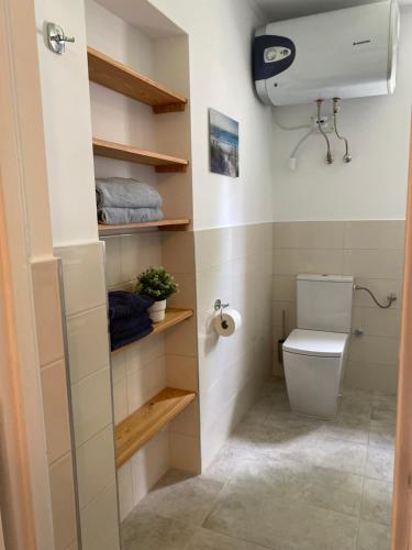 uma casa de banho com um WC e um dispensador de papel higiénico em Villa Ida em Balatonmáriafürdő