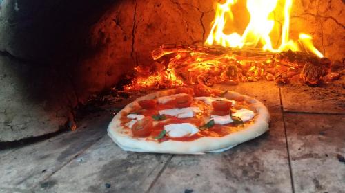 una pizza en un horno de fuego con una pizza en Ski base en Akaigawa