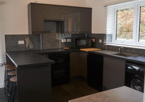 a kitchen with black cabinets and a sink at Shoreland Lodges - Holly Lodge in Fort Augustus