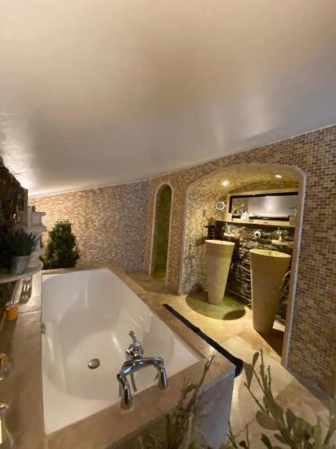 Il comprend une cuisine et une grande salle de bains pourvue d'un lavabo. dans l'établissement Villa Romana, à La Garonnette-Plage