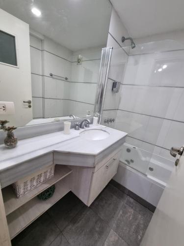 a bathroom with a sink and a mirror and a tub at Nord Suite - Departamento Premium en Barrio Norte in San Miguel de Tucumán