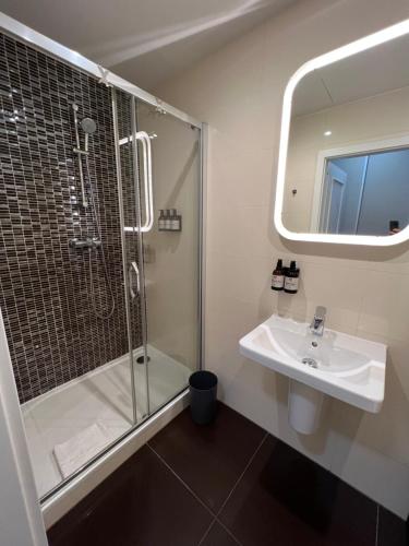 a bathroom with a shower and a sink and a mirror at CE Apartment Prague Castle in Prague