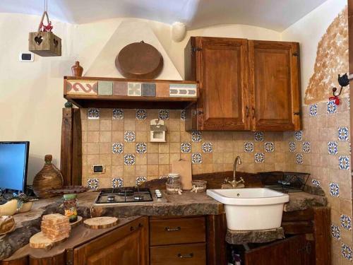 uma cozinha com um lavatório e um fogão forno superior em Casa Pet-Friendly ad Ateleta em Ateleta