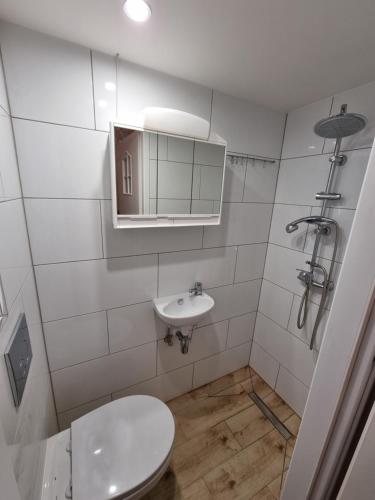 La salle de bains est pourvue de toilettes et d'un lavabo. dans l'établissement Domek na uboczu, studio z tarasem, à Cracovie