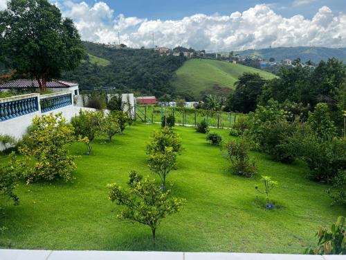 een groene tuin met bomen en een heuvel op de achtergrond bij Chácara das Araras in Lindóia