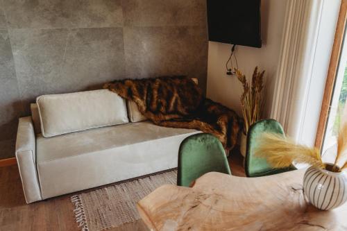 a living room with a couch and two chairs at OSADA LEŚNA - domki z basenem in Stare Miasto