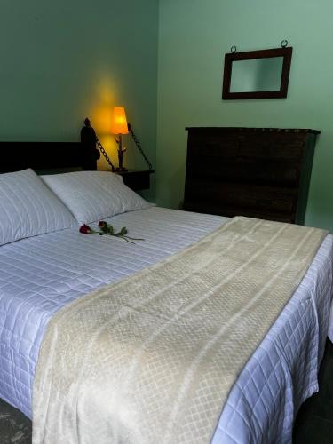 a bedroom with two beds and a table with a lamp at Chácara das Araras in Lindóia