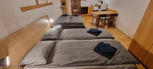 Deux lits sont installés dans une chambre. dans l'établissement Apartma Luka with private parking, à Izola