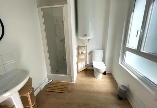 une salle de bain avec toilettes, lavabo et douche dans l'établissement Les 4 saisons Honfleur - Studio 1, à Honfleur
