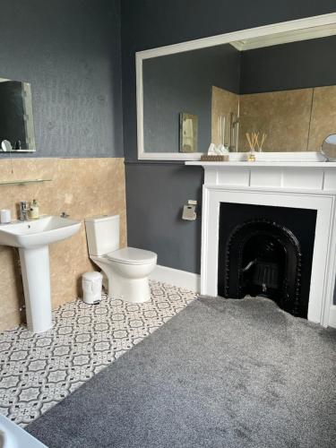 a bathroom with a toilet and a sink and a fireplace at Glenaldor House B&B in Dumfries