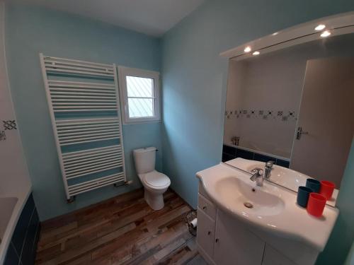 een badkamer met een wastafel, een toilet en een spiegel bij Le chant des oiseaux 