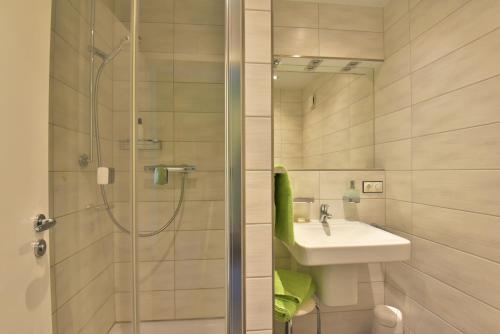 a bathroom with a shower and a sink and a shower at Hotel Goldene Sonne in Arnstadt