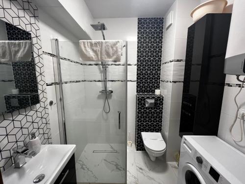 W łazience znajduje się prysznic, toaleta i umywalka. w obiekcie Enklawa Mielno przy plaży - Szklane apartamenty w mieście Mielno