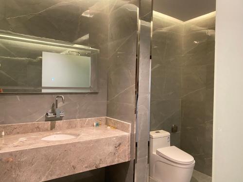 a bathroom with a sink and a toilet and a mirror at Al Diyafa Serviced Apartments in Al Ahsa