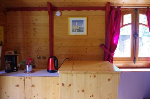 - une cuisine dans une cabane en rondins avec un comptoir dans l'établissement Camping La Bergerie, à La Chapelle-Achard