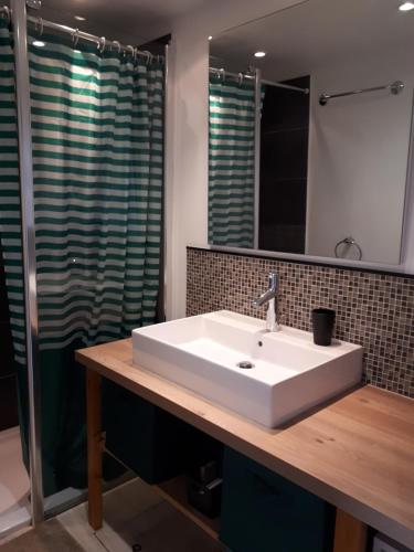 uma casa de banho com um lavatório branco e um espelho. em Le Petit Rochereau em LʼIsle-sur-la-Sorgue