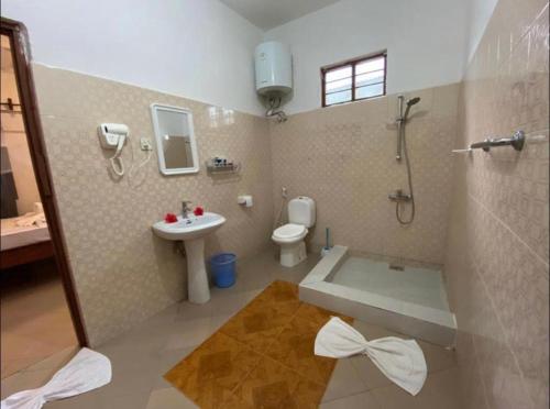a bathroom with a shower and a toilet and a sink at Wakanda Nungwi in Nungwi