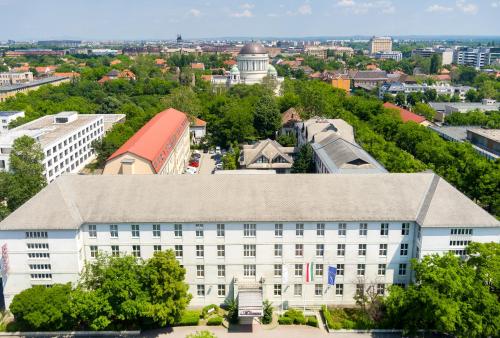 an aerial view of a building in a city at Hotel Millennium in Budapest