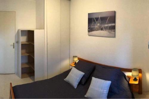una camera con un letto con due cuscini di SAINT GEORGES DE DIDONNE Baie de l océan les dauphins a Saint-Georges-de-Didonne