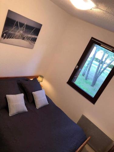 - une chambre avec un lit avec deux oreillers et une fenêtre dans l'établissement SAINT GEORGES DE DIDONNE Baie de l océan les dauphins, à Saint-Georges-de-Didonne