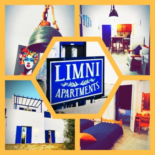 a collage of pictures of a living room with a sign at Limni No 2 self catering apartment in Posidhonía
