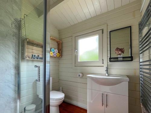 a bathroom with a toilet and a sink and a window at Willow Lodge in Buckhorn Weston