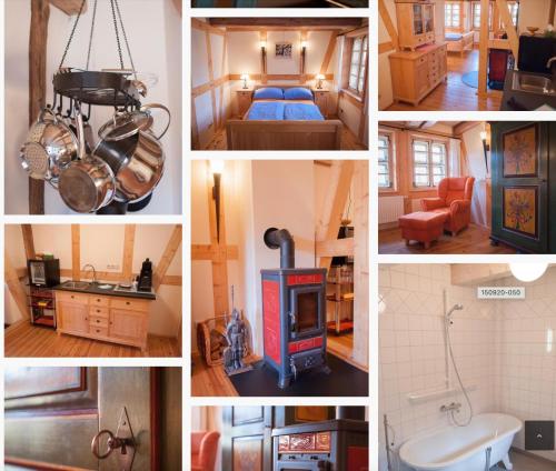 eine Collage mit Bildern eines Zimmers mit einem Herd in der Unterkunft Das Ferienhaus Wernigerode - direkt "Am kleinsten Haus" von Wernigerode in Wernigerode