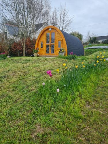 a small wooden house in a field of flowers at Tranquil Water in Midleton