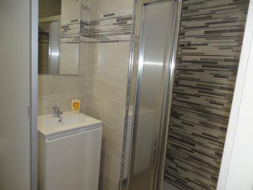 a bathroom with a toilet and a sink and a shower at Albergue Roma in Pola de Lena