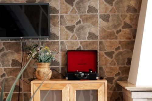 a tv sitting on top of a wooden table with a tvictericter at Casa Emília & Alda in Juncal