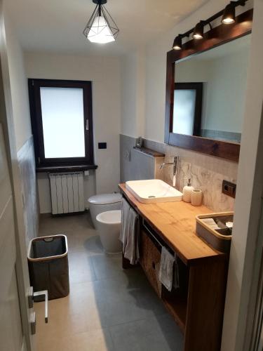un bagno con lavandino, WC e specchio di Bardonecchia Apartment a Bardonecchia