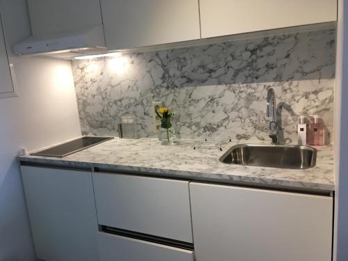 a kitchen with a sink and a counter top at Golfsuite 13 in Blankenberge