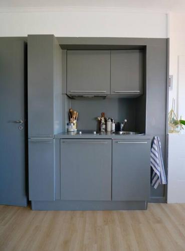 - une cuisine avec des placards bleus et blancs dans une pièce dans l'établissement Amazing Sea view, à Antibes