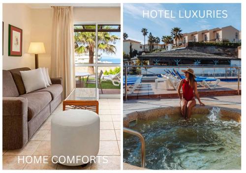 a woman sitting in a pool in a hotel room at Ramada Hotel & Suites by Wyndham Costa del Sol in Fuengirola