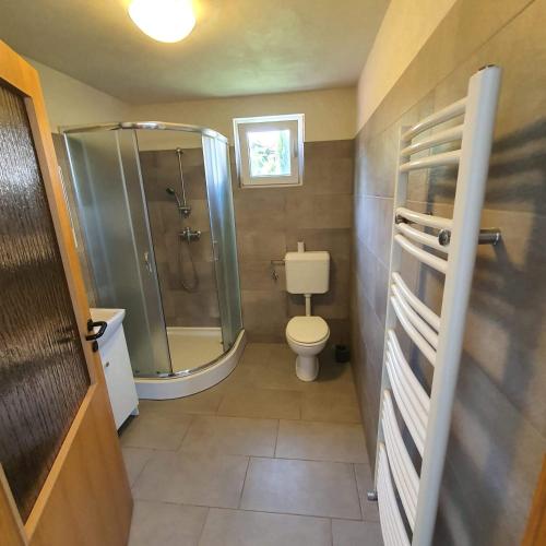 a bathroom with a shower and a toilet at Apartments Garden in Koper