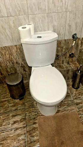 a toilet in a bathroom with two rolls of toilet paper at Anna-Apartment in Nea Moudania