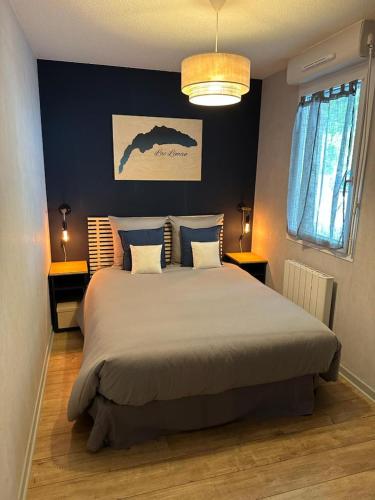 une chambre avec un grand lit aux murs bleus dans l'établissement Le Chablais du lac, à Thonon-les-Bains